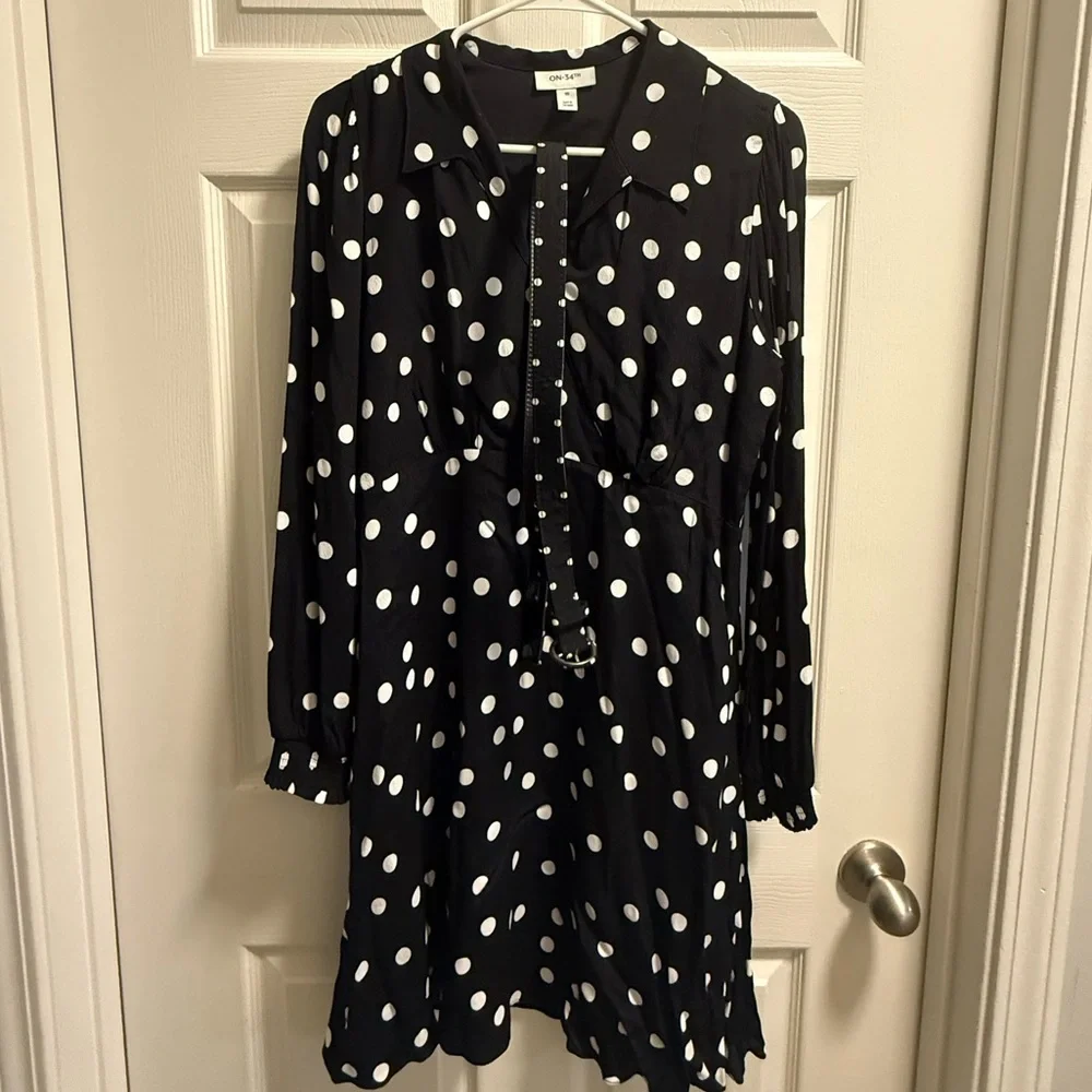 On 34th Black & White Polka Dot Mini Dress + Belt — Size 10 - Picture 2 of 5